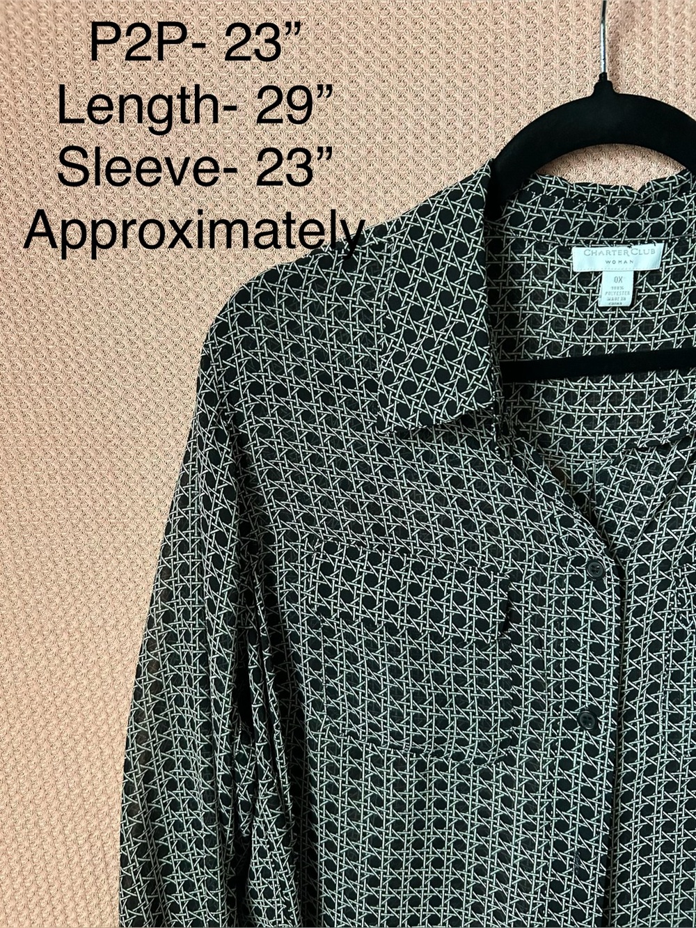 Charter Club Black & Off-White Geometric Button-Front Blouse Sz 0X
